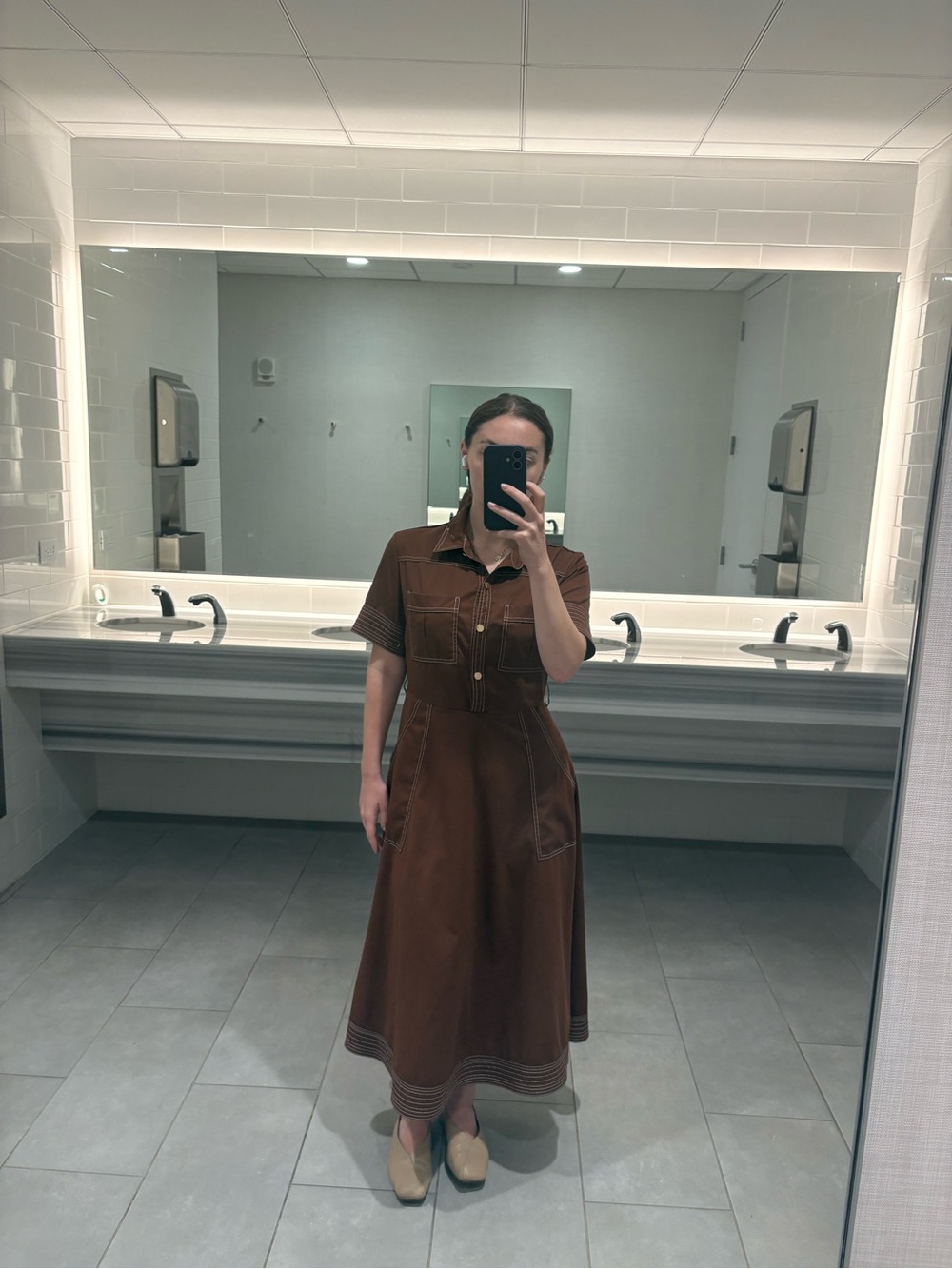 SHEIN Brown Short-Sleeve Button-Front Midi Dress